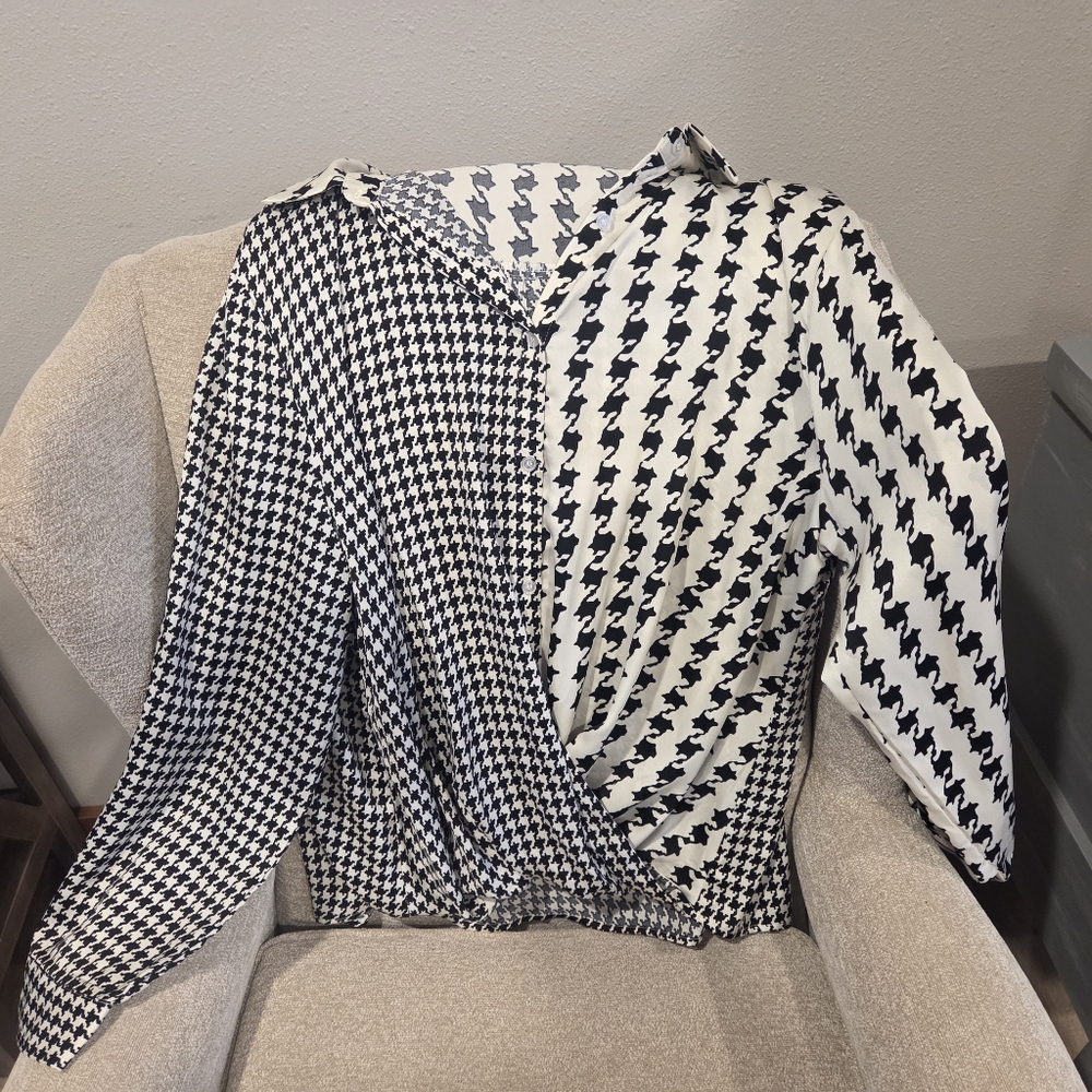 See and Be Seen Cross Front Blouse Womens 2X Black White Houndstooth Slimmig V N